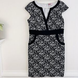 R&K Originals Black & White Geometric Satin Lined Pencil Dress ~ Size 14
